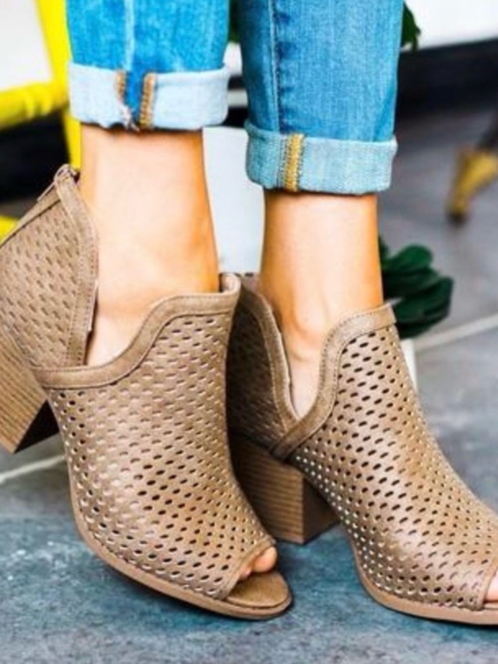 Women’s Taupe Perforated Peep-Toe Block Heel Booties